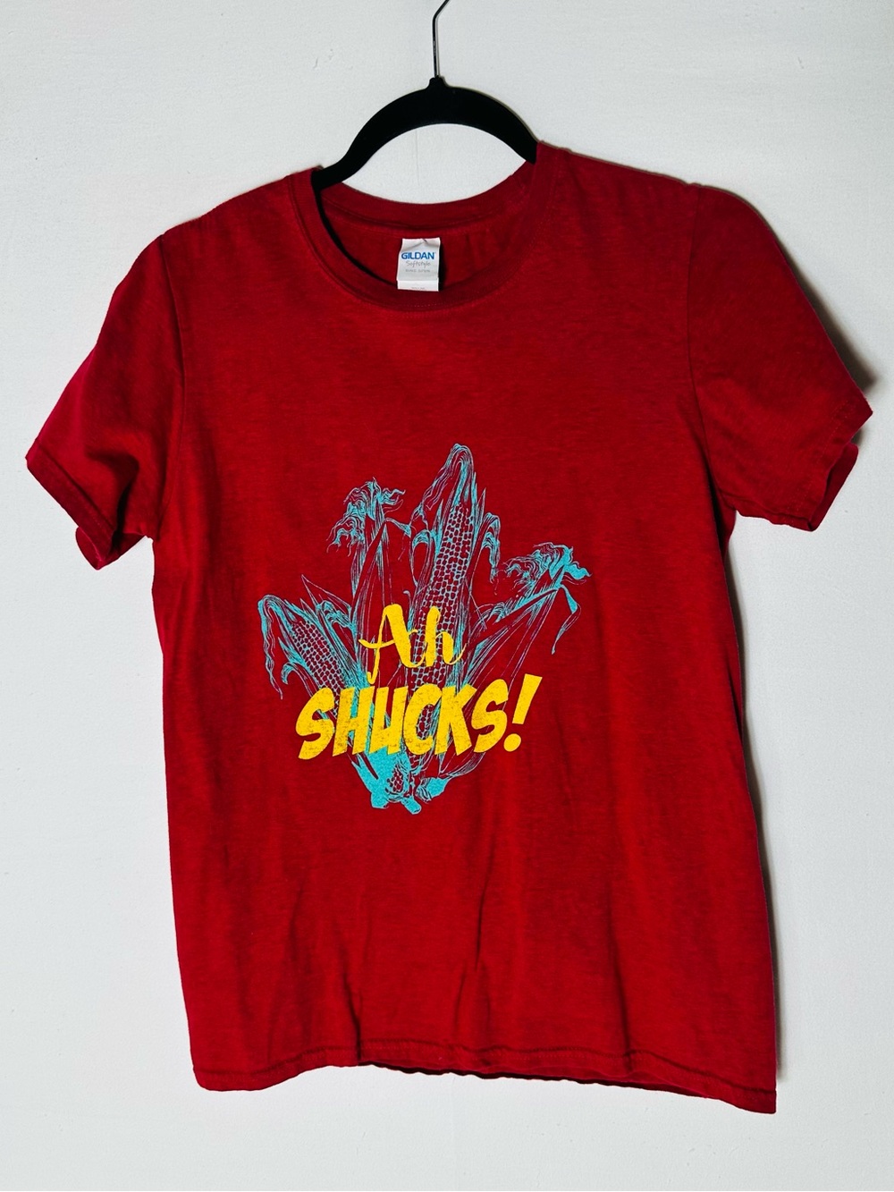 Gildan Novelty Graphic Tee T Shirt Red Ah Shucks Corn Pun Crewneck Tee S